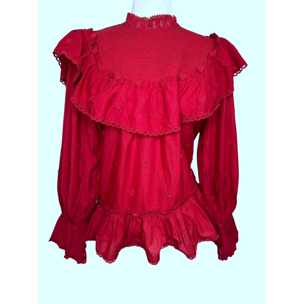 Farm Rio Red 3D Heart Applique Lace Detail High Neck Long Sleeve Blouse Small